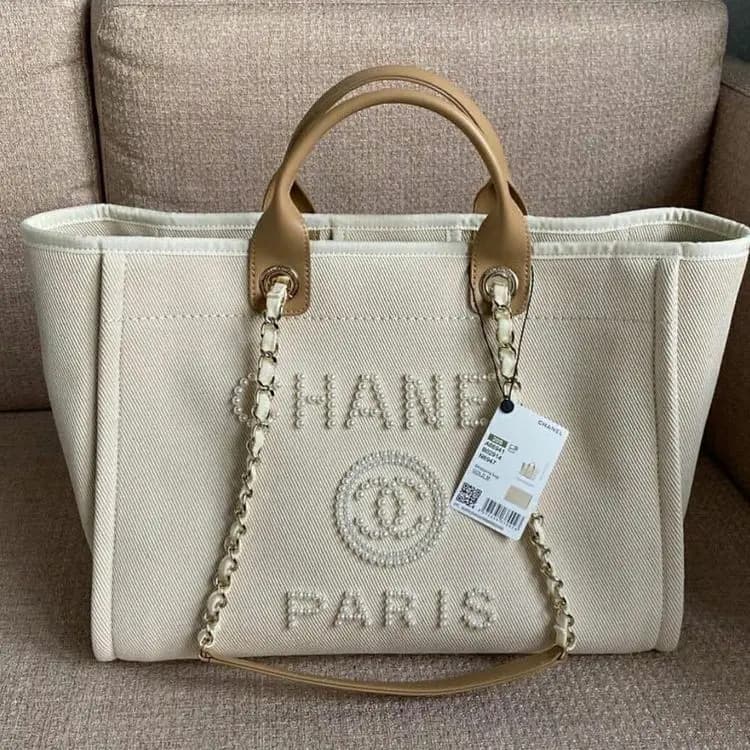CHANEL  CANVAS MIXED FIBERS PEARL LARGE DEAUVILLE TOTE Code-054