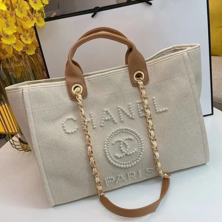 CHANEL  CANVAS MIXED FIBERS PEARL LARGE DEAUVILLE TOTE Code-054
